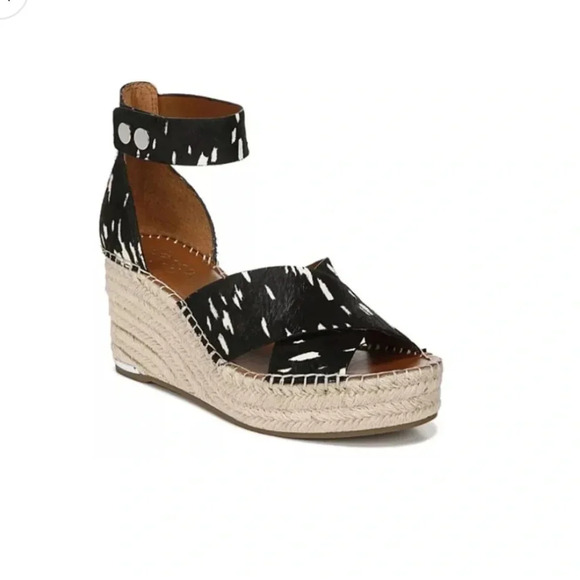 Franco Sarto Carma Black White Pony Calfhair Leather Wedge Sandals - Picture 1 of 13